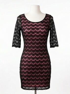 Candie's Black Pink Scalloped Lace Sheath Dress Open Back Cutout Y2K Size Large